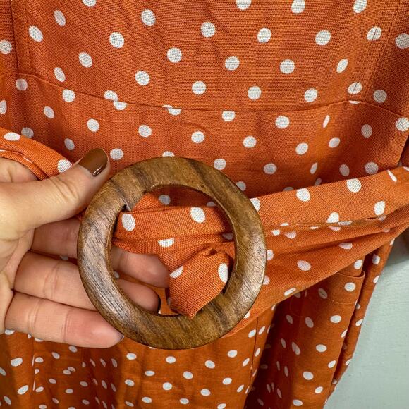 ASOS Orange & White Polka Dot Belted Midi Cotton Sheath Dress - Picture 3 of 10